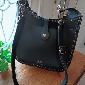 ZAC POSEN IVONIC MATTE BLACK OPEN RIVETED CROSSBODY/SHOULDER BAG $495 RTL